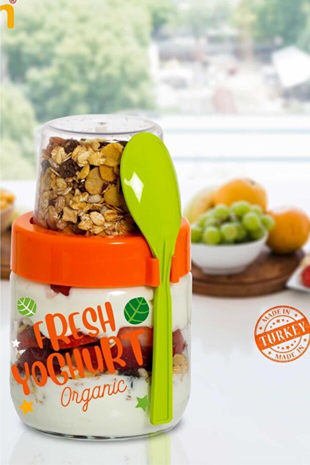 2'li Kaşıklı Cam Müsli Kabı Seti, Meyve Yoğurt Yulaf Müsli Granola Diyet Saklama Kabı 425ml X 2 Adet - 3