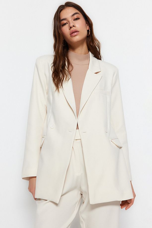 Krem Blazer Ceket-Pantolon Dokuma Alt-Üst Takım TCTAW23US00132 - 3