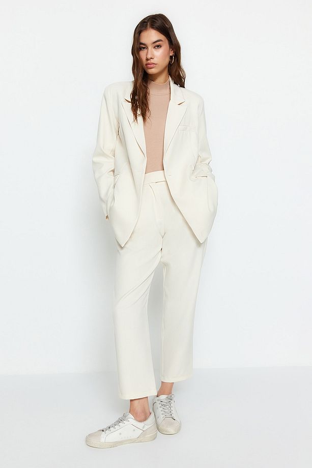 Krem Blazer Ceket-Pantolon Dokuma Alt-Üst Takım TCTAW23US00132 - 1