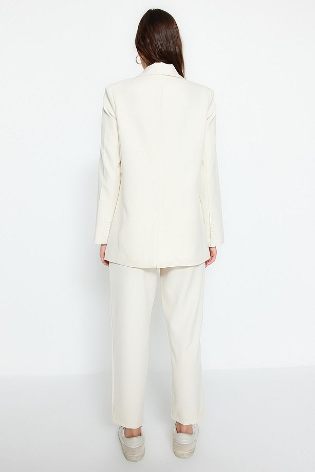 Krem Blazer Ceket-Pantolon Dokuma Alt-Üst Takım TCTAW23US00132 - 8