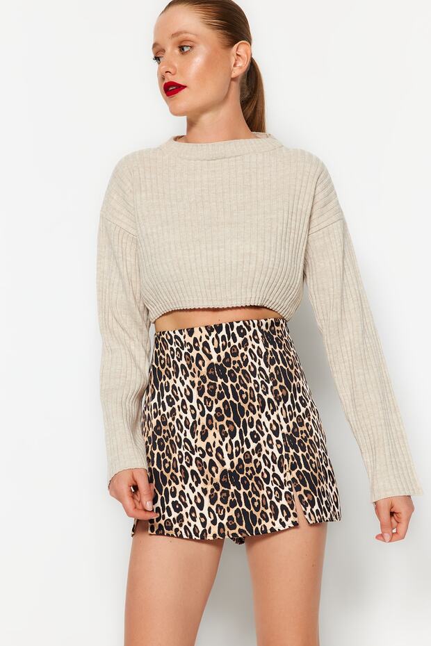 Steinfarbener Super Crop Basic Strickpullover TWOAW23KZ01068 - 3