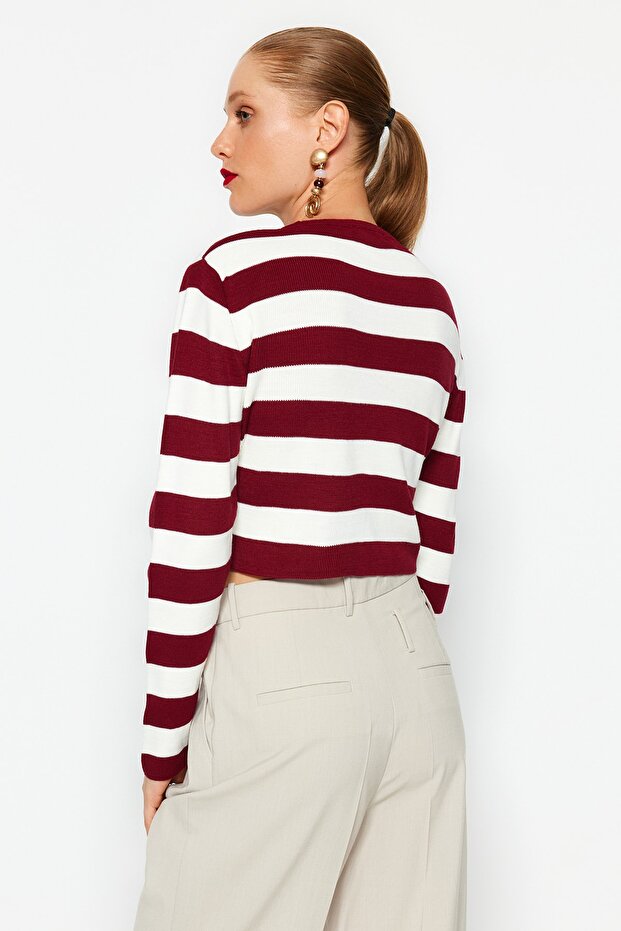 Bordo Crop Basic Çizgili Triko Kazak TWOAW23KZ00034 - 5