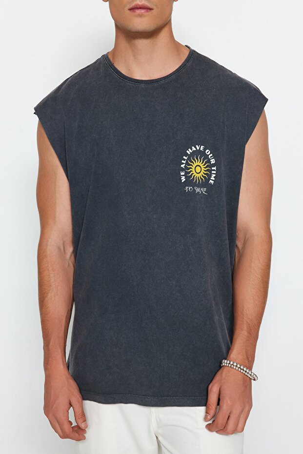 Antrasit Oversize/Geniş Kesim Soluk Efektli Yazı Baskı %100 Pamuk T-Shirt/Atlet TMNSS23AL00009 - 3