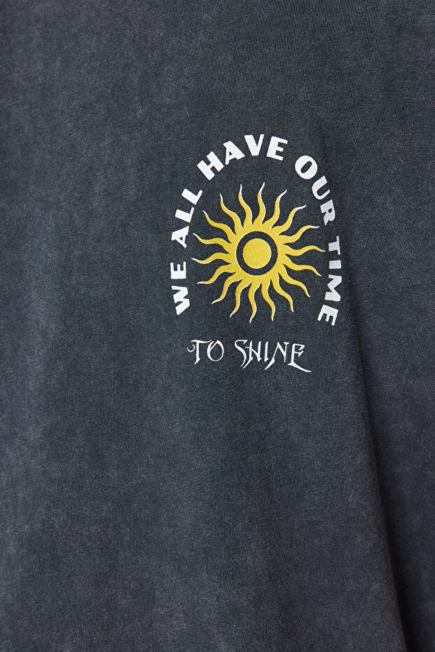 Antrasit Oversize/Geniş Kesim Soluk Efektli Yazı Baskı %100 Pamuk T-Shirt/Atlet TMNSS23AL00009 - 4