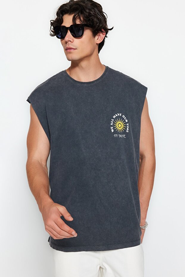 Antrasit Oversize/Geniş Kesim Soluk Efektli Yazı Baskı %100 Pamuk T-Shirt/Atlet TMNSS23AL00009 - 5