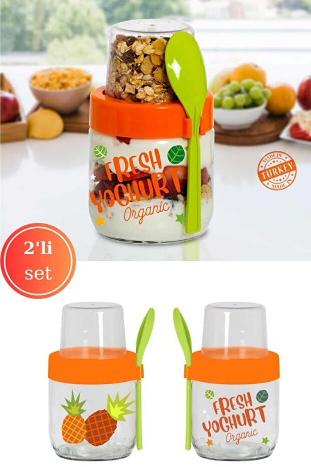 2'li Kaşıklı Cam Müsli Kabı Seti, Meyve Yoğurt Yulaf Müsli Granola Diyet Saklama Kabı 425ml X 2 Adet - 1