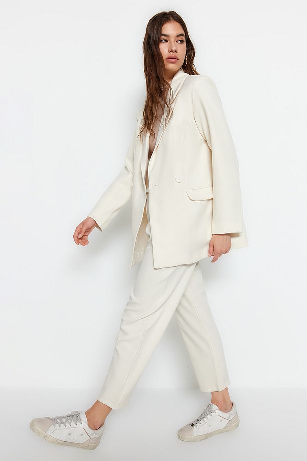Krem Blazer Ceket-Pantolon Dokuma Alt-Üst Takım TCTAW23US00132 - 2