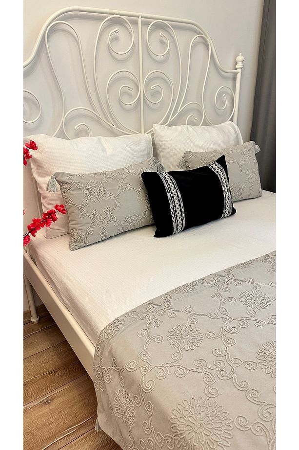 Gri Nakış Işlemeli Yatak Runner Set Çift Kişilik Bohem Yatak Örtüsü - 5