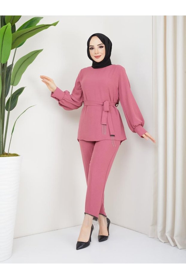 Women's Dusty Rose Aerobin Belted Trousers and Belt Chain Detailed Bottom and Top Set
