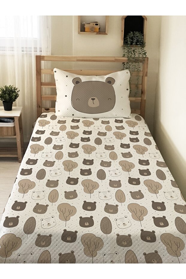Cute Bears Patterned Baby and Kids Printed Single Pique Set 160 X 220 cm White