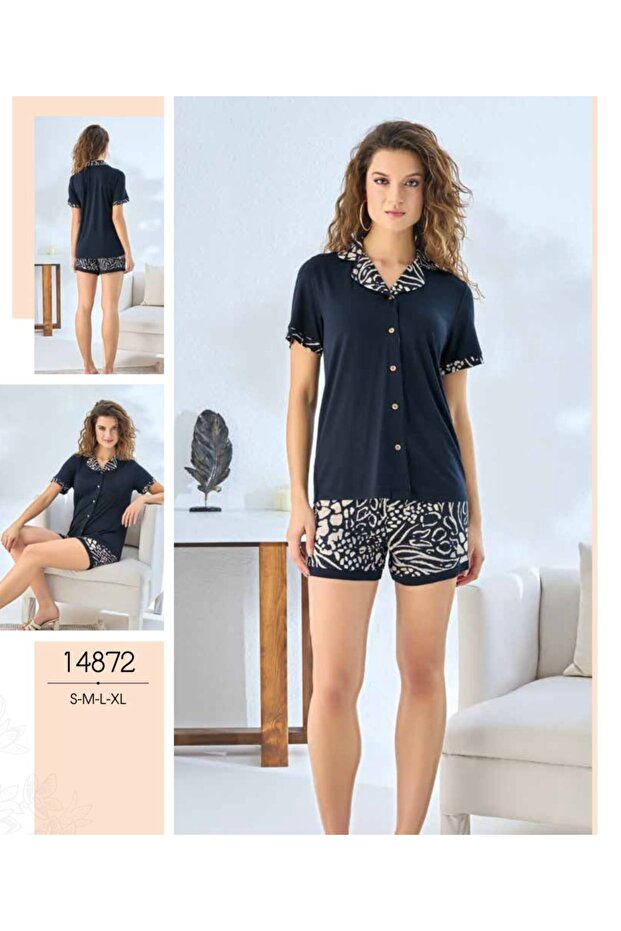 14872 Kadın Düğmeli Şort Takım - 1