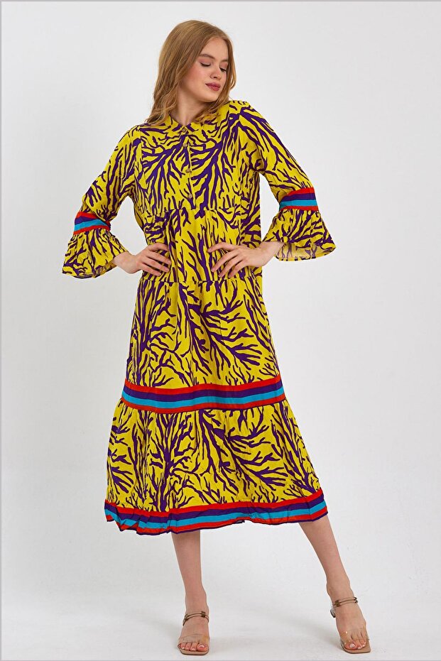 Women's Yellow Patterned Button Detailed Spanish Sleeve Ethnic Authentic Dress