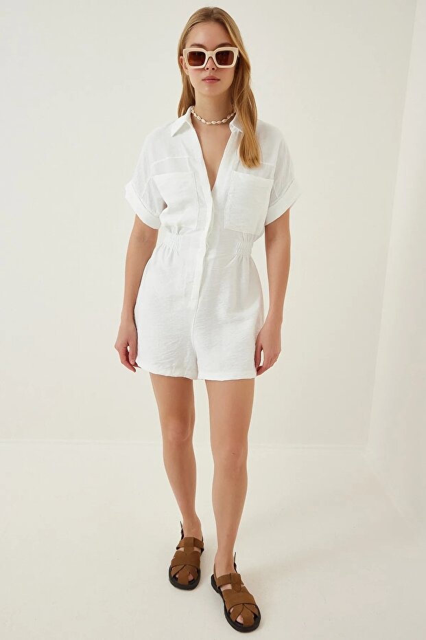 Női fehér viszkóz jumpsuit rövidnadrággal - 3