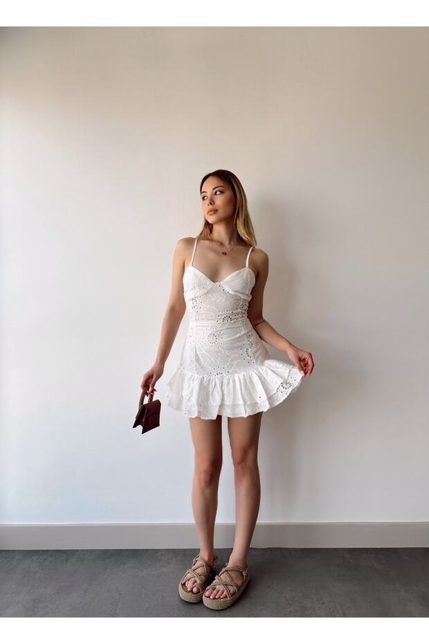 Side Zipper Famous Brand Model Mini Length White Scallop Dress