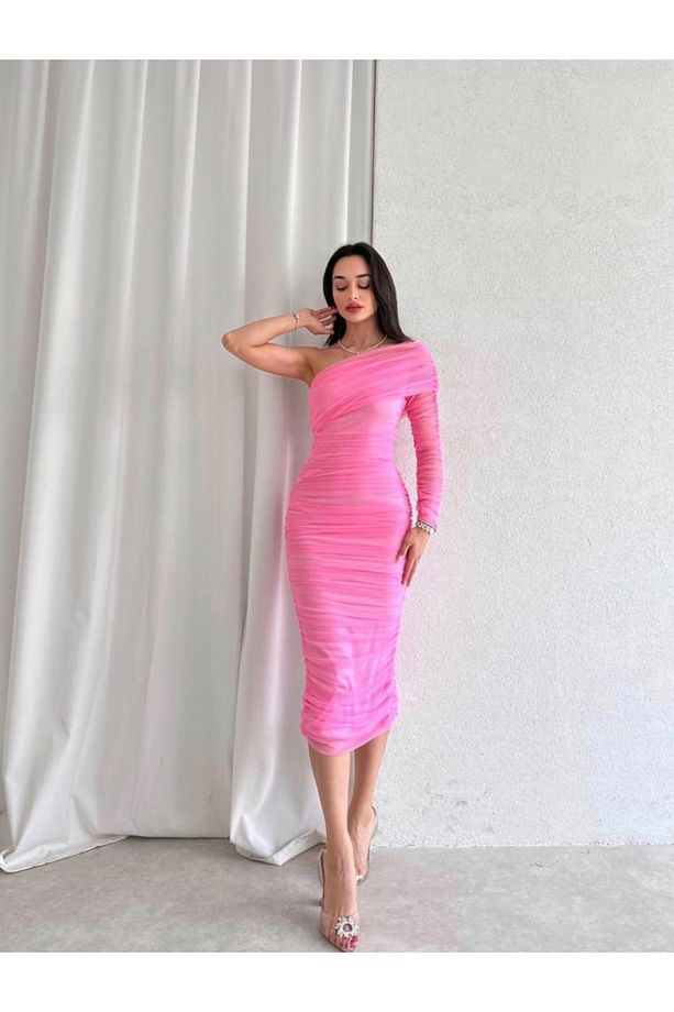 Pembe Tek Omuz Tül Drapeli Midi Boy Elbise - 2