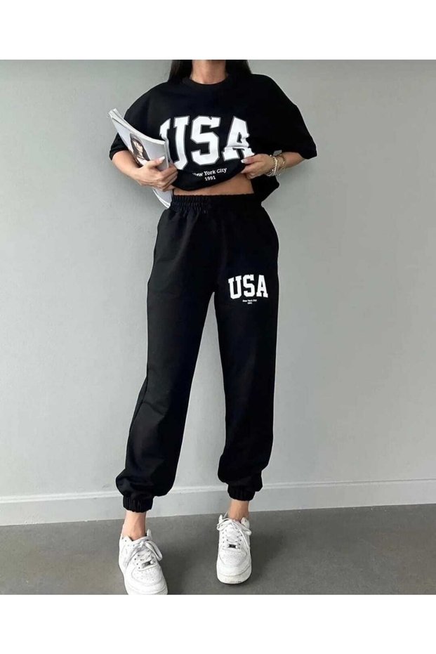 Women's USA Printed Short Sleeve T-shirt Tracksuit Set
