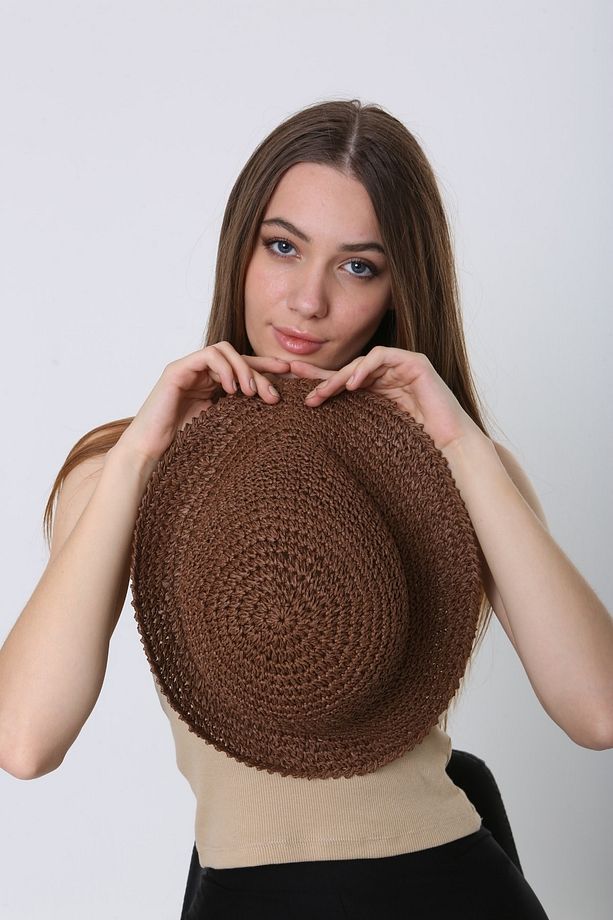 Kahve Örgü Hasır Bucket Kadın Şapka - 5