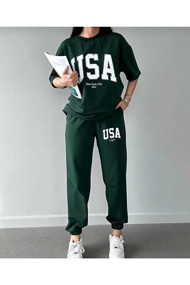 Women's USA Printed Short Sleeve T-shirt Tracksuit Set