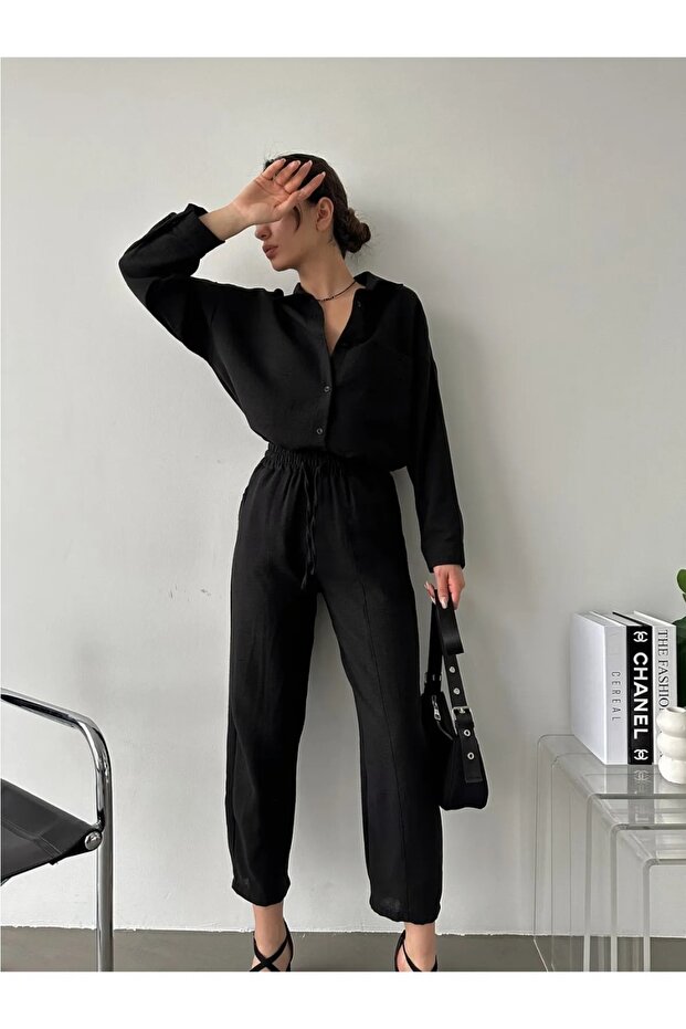 Women's Beige Double Linen Shirt Short Leg Trousers Top Bottom Set Black