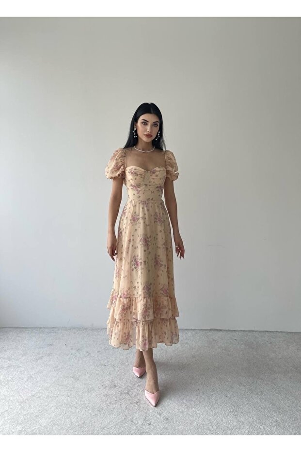 Rochie de damă, lungă și lungă din șifon, florală - 8