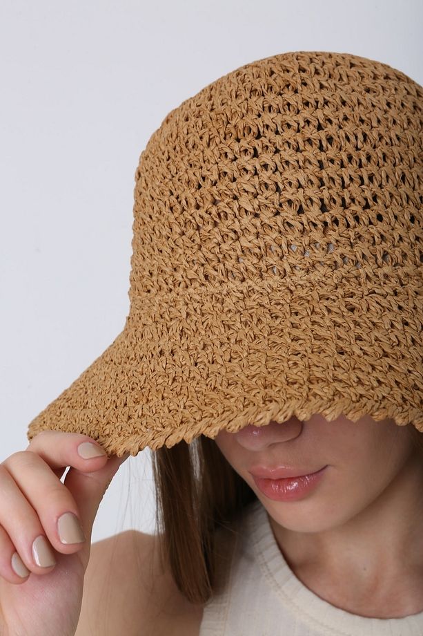 Camel Örgü Hasır Bucket Kadın Şapka - 3