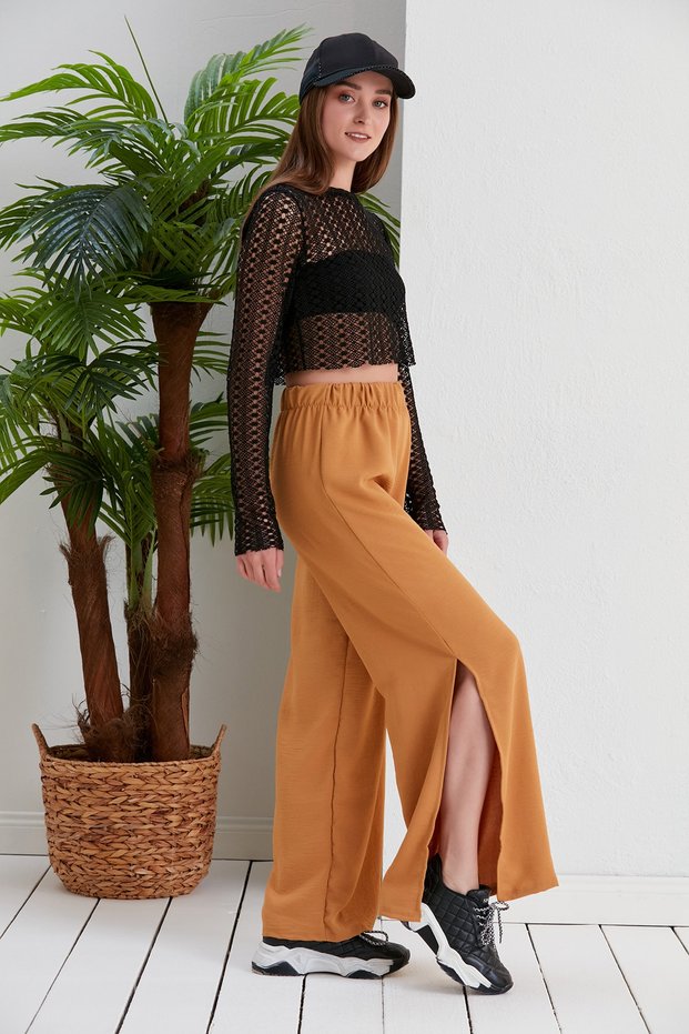 Camel Elastic Waist Palazzo Trousers with Side Slits