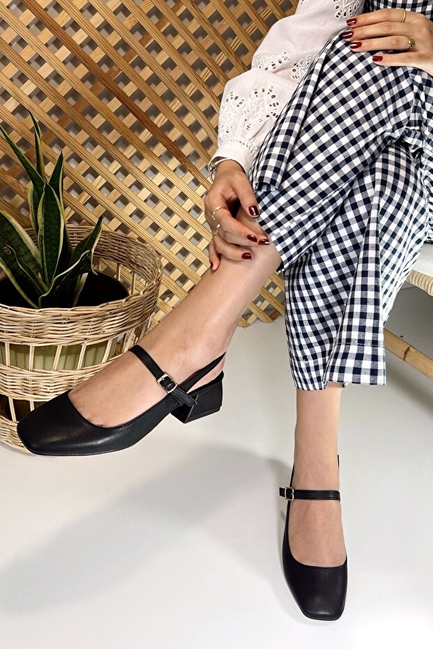 Women's Audrey Black Matte Leather Open Back Square Toe Helmet Short Block Heeled Shoes