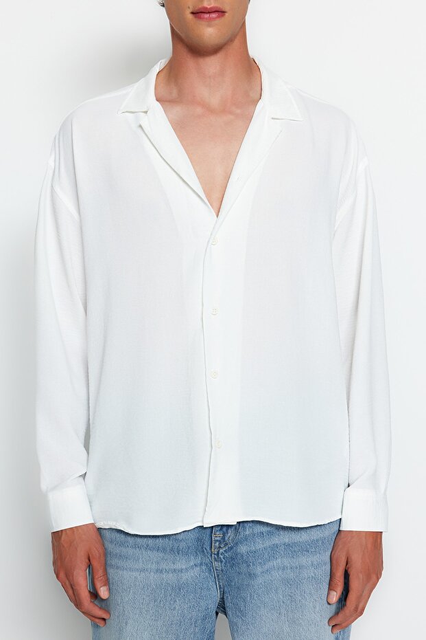 Beyaz Oversize Fit Apaş Yaka Yazlık Keten Görünümlü Gömlek TMNSS23GO00053 - 4