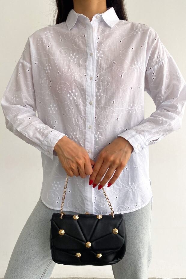 Women's White Off Shoulder Scallop Embroidery 100% Cotton Shirt