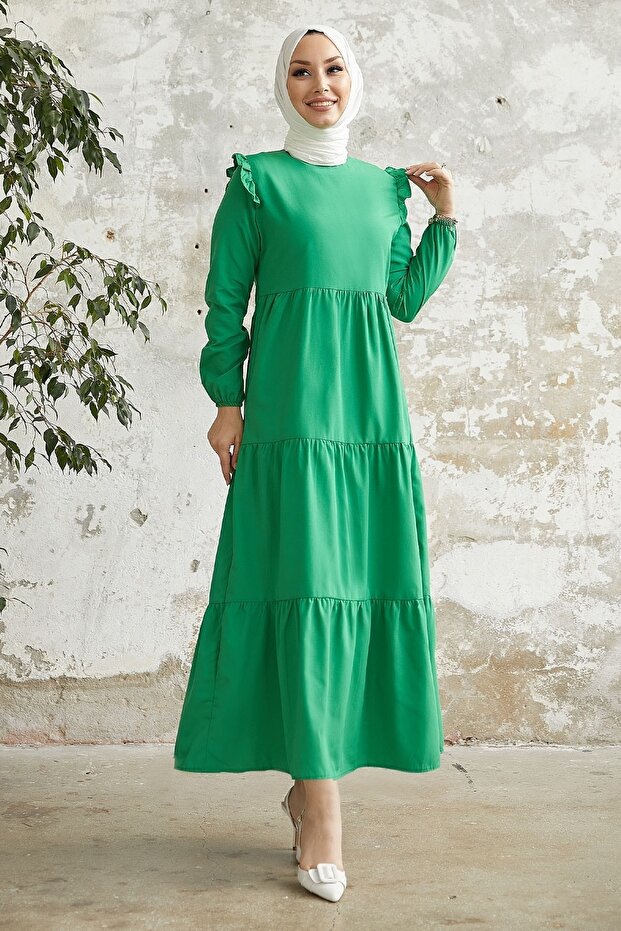 Lenia Shoulder Ruffle Dress - Green