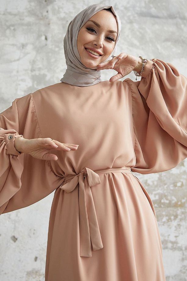 Nosya Salaş Balon Kol Elbise - Bej - 2
