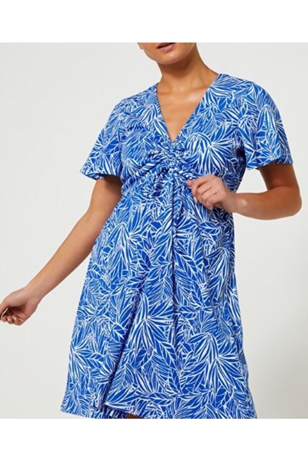 Women's V-Neck Adjustable Gathered Blue Dress Kt02185