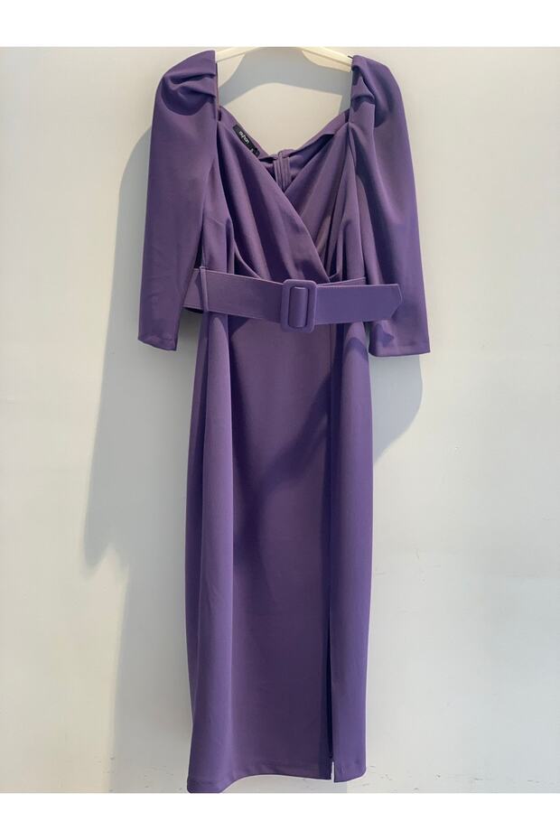 61724 Kalın Kemerli Midi Boy Elbise - 2