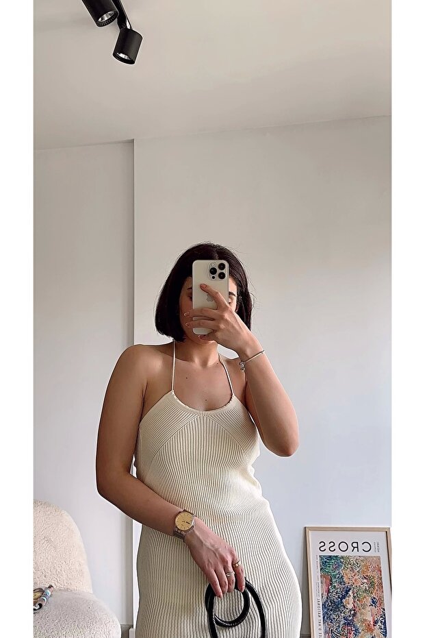 Boğazdan Bağlamalı Triko Elbise - 2