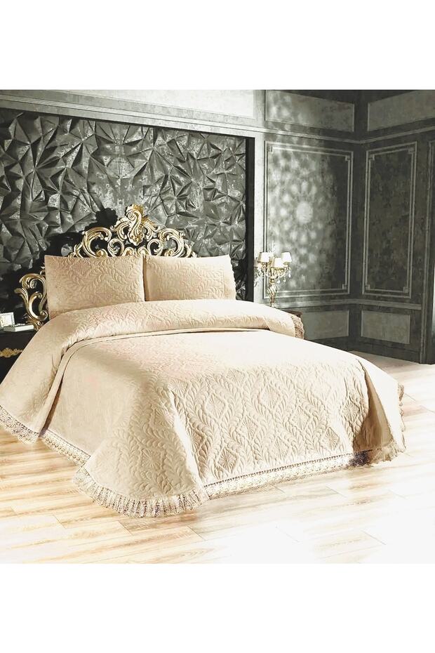 Çift Kişilik Ultrasonik Kapitoneli Fransız Dantelli Güpürlü Yatak Örtüsü Takımı Kapiçino - 1