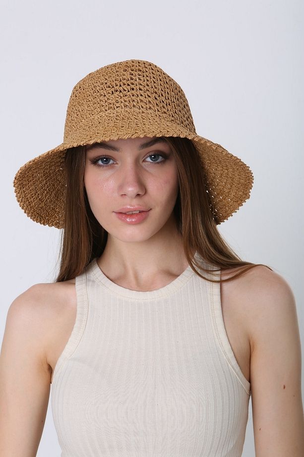 Camel Örgü Hasır Bucket Kadın Şapka - 1