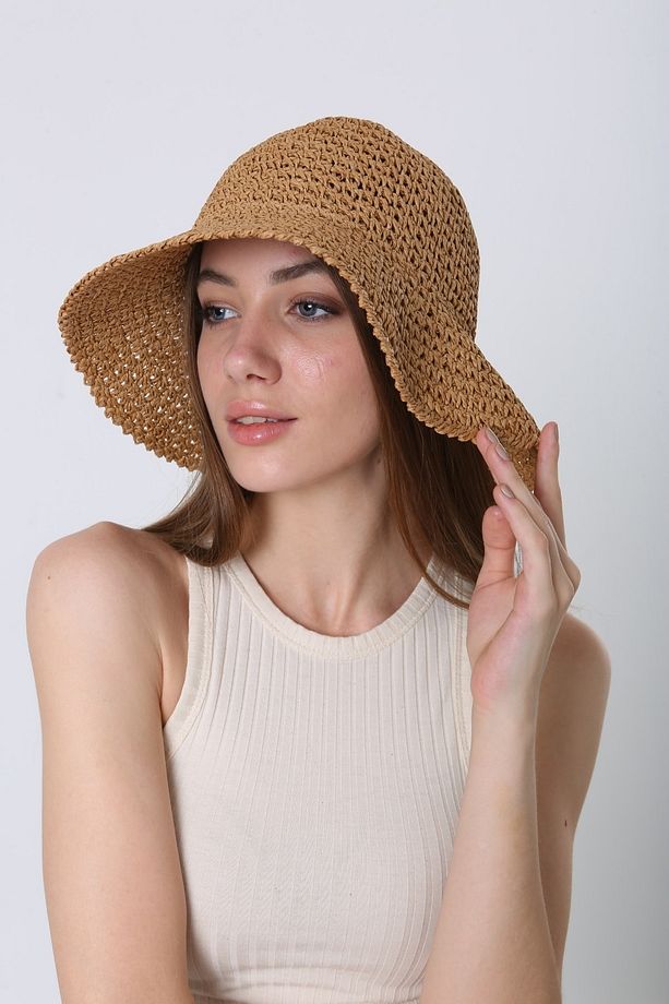 Camel Örgü Hasır Bucket Kadın Şapka - 4