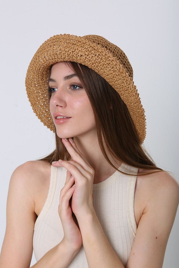 Camel Örgü Hasır Bucket Kadın Şapka - 6