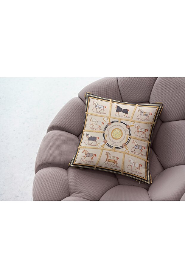Throw Pillow Cream Black Yellow Horses Themed Pillow53