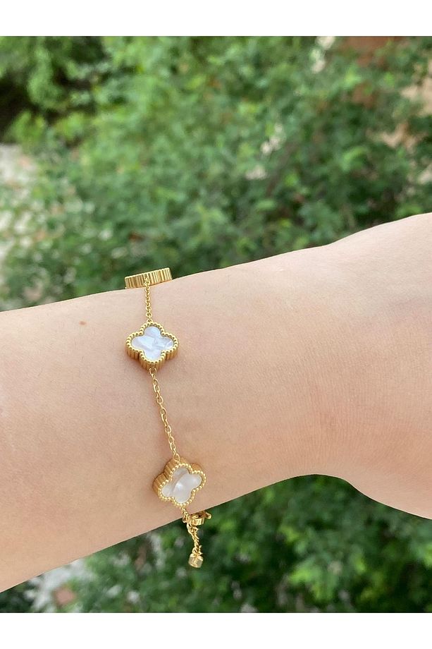 Kadın Çelik Gold Renk   Yonca Model Bileklik - 2