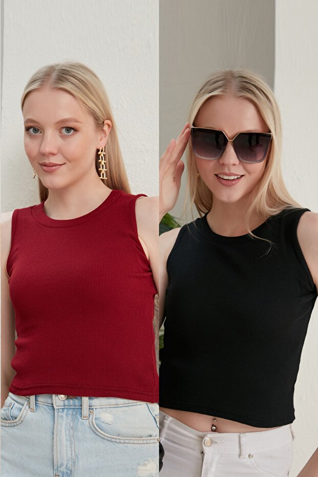 Women's Burgundy Black Halter Neck 2-Piece Crop Blouse