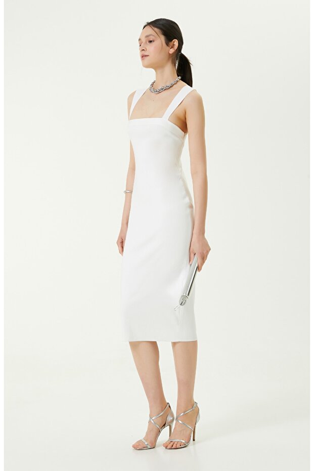 Askılı Midi Boy Beyaz Elbise - 3