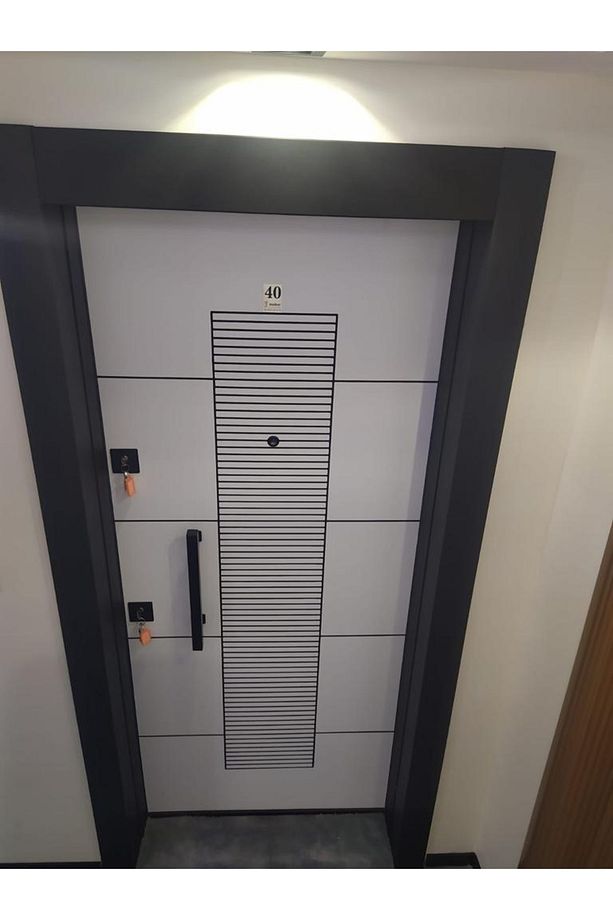 Çelik Kapı, Tırnaklı Çelik Kapı, Düz Model Kapı, Beyaz Renk Antrasit Desenli Çelik Kapı Sağ Açılım - 4