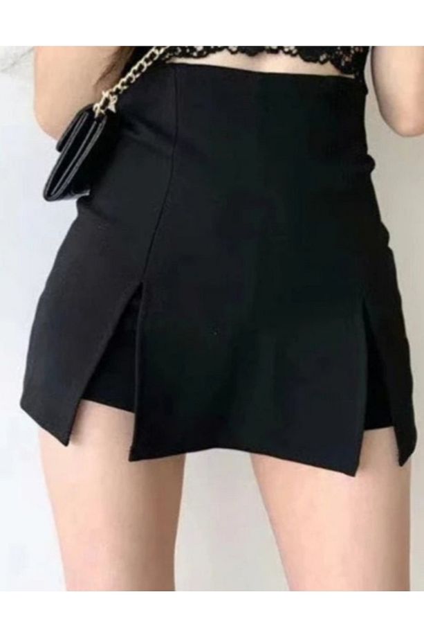 Siyah Mini Şort Etek Çelik Örme - 1