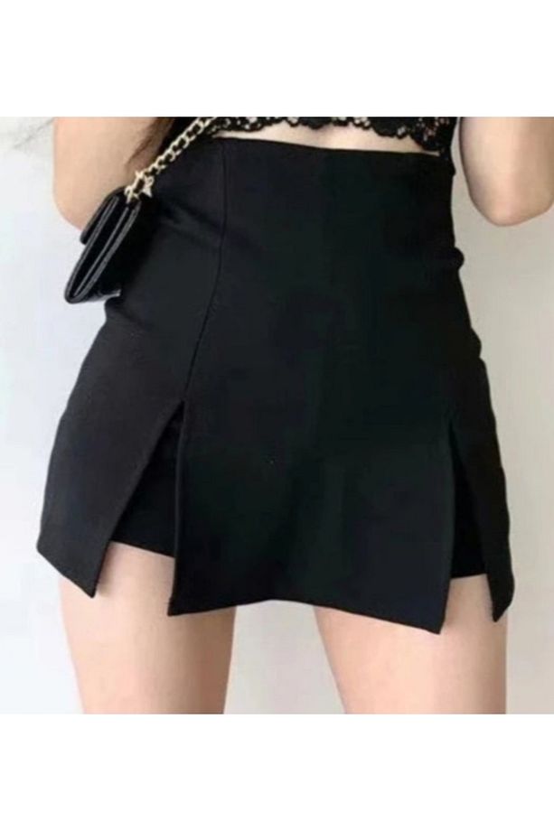 Siyah Mini Şort Etek Çelik Örme - 2