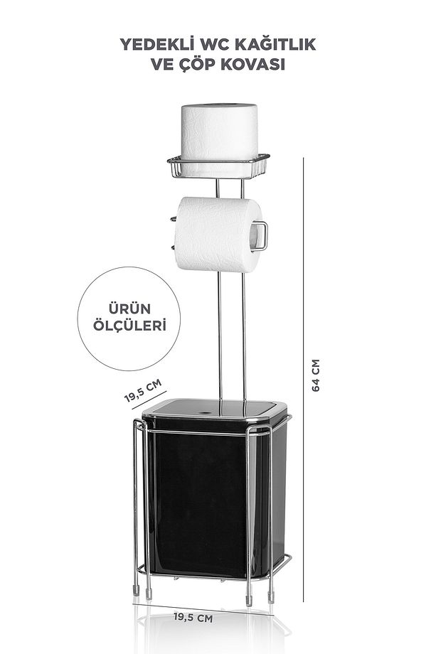 Krom Yedekli Wc Kağıtlık Ve Kare Siyah Çöp Kovası - 3