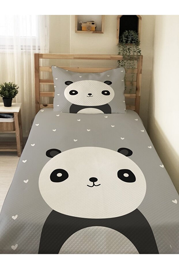 Panda Patterned Baby and Kids Printed Single Pique Set 160 X 220 cm Gray
