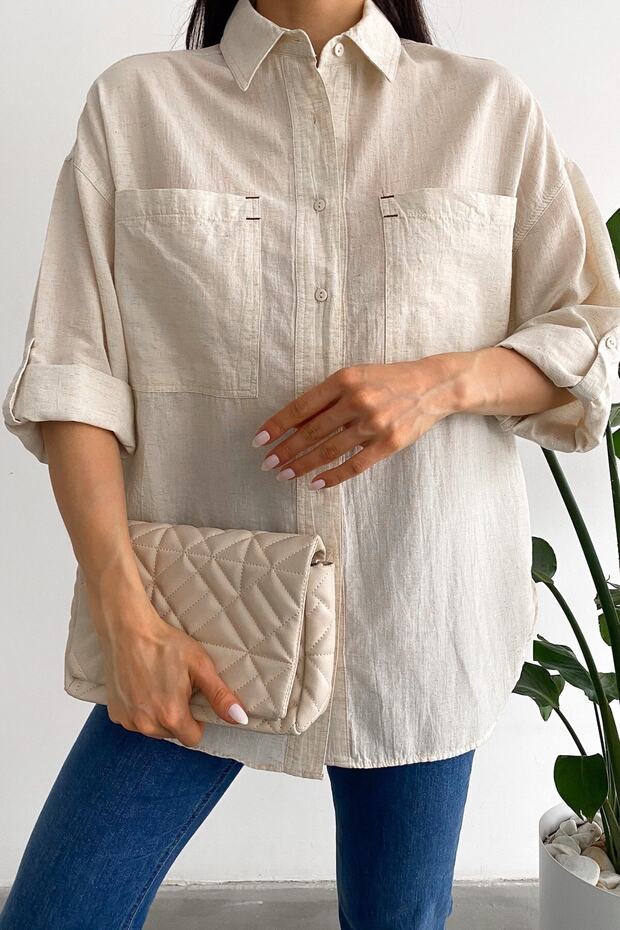 Women's Stone New Season Folding Sleeve Wide Loose Fit Double Pocket Shirt