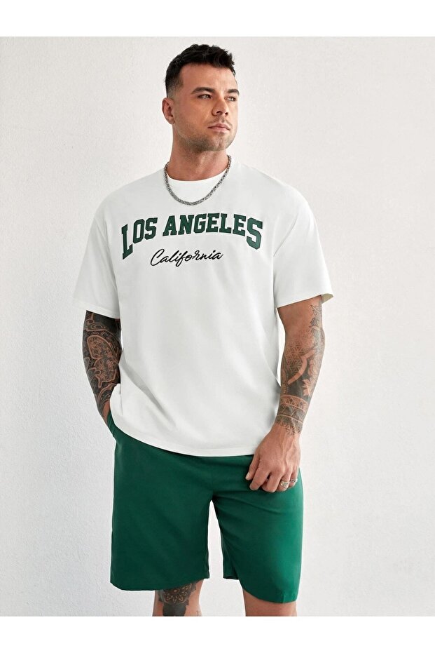 White Green Los Angeles Printed Black Shorts T-shirt Summer Set