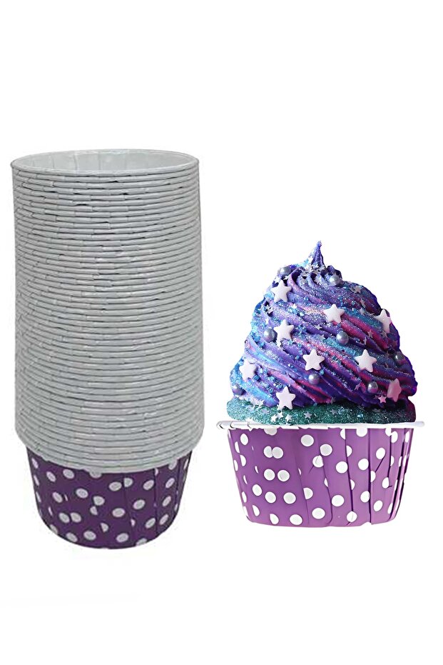 25-Piece Purple and White Polka Dot Muffin Cake Mold, Rainbow Cupcake Capsule that Does Not Disintegrate in the Oven